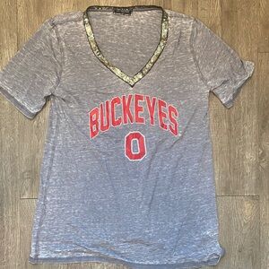 Gray V-Neck Buckeyes T-Shirt with Red Lettering & Sequins M
